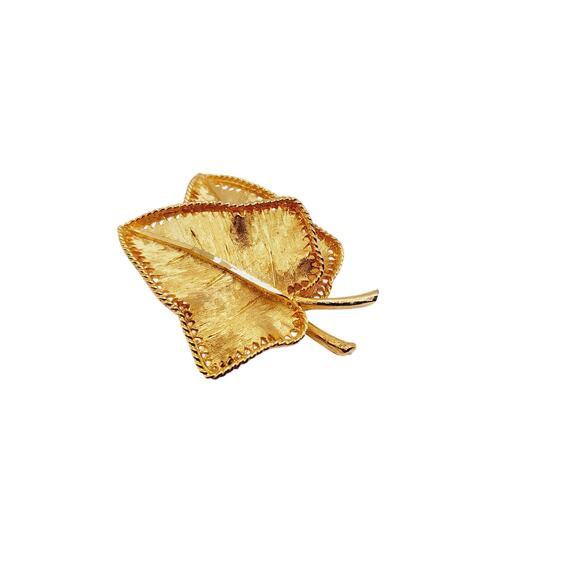 Vintage B.S.K. Gold Plated Leaf Brooch, Textured Double Leaf Design, 2 Inches - Picture 5 of 7